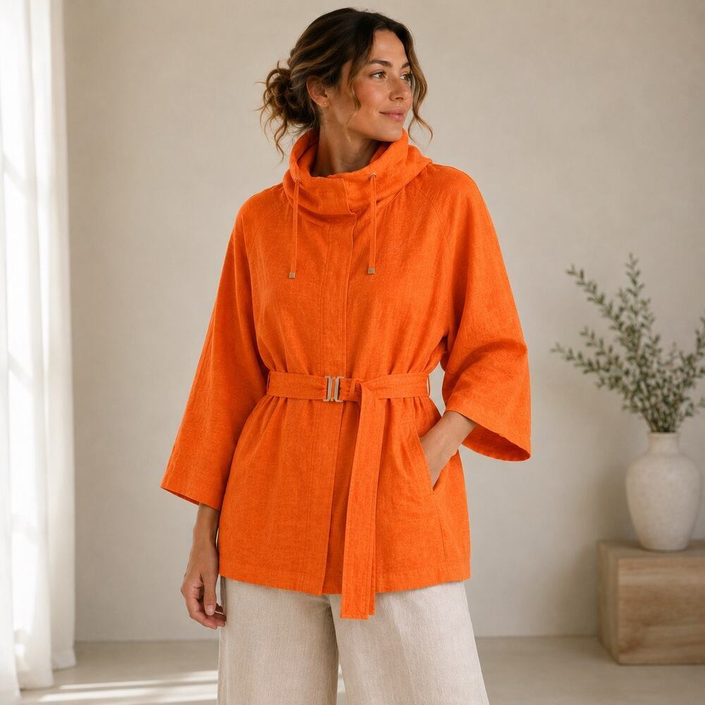 Lafayette 148 NY Linen Cupro Belted 3/4 Sleeves Full Zip High Neck Jacket Orange